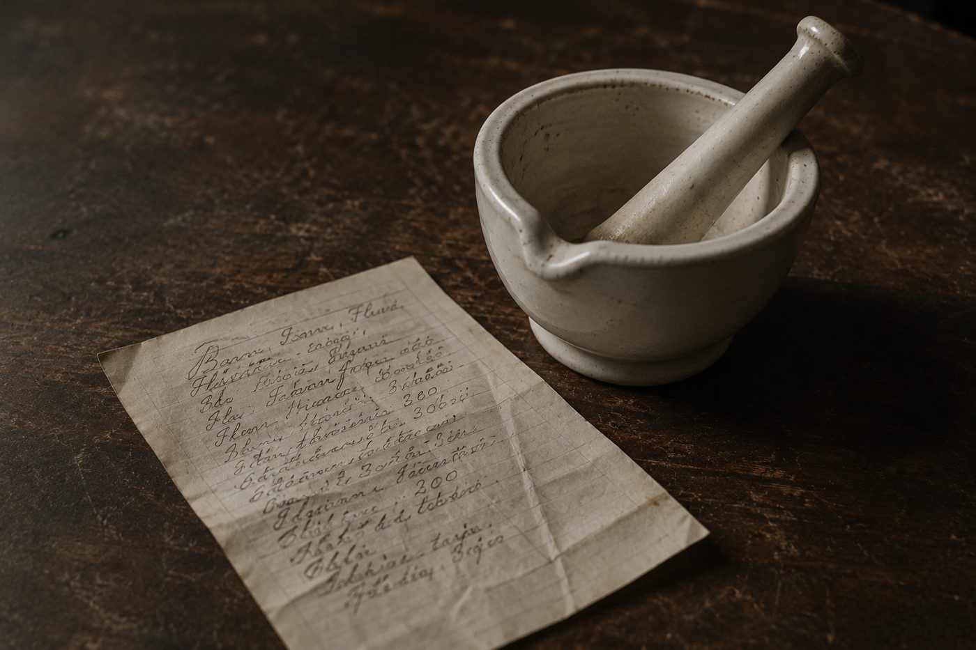 El mortero y una receta manuscrita de Maruxa